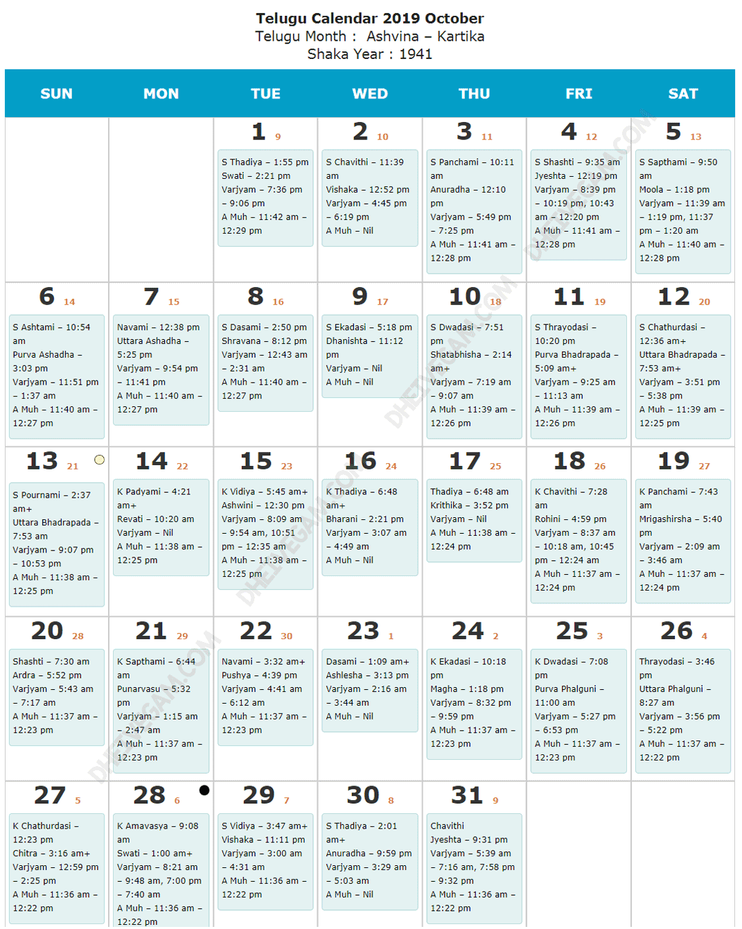 October 2019 Telugu calendar