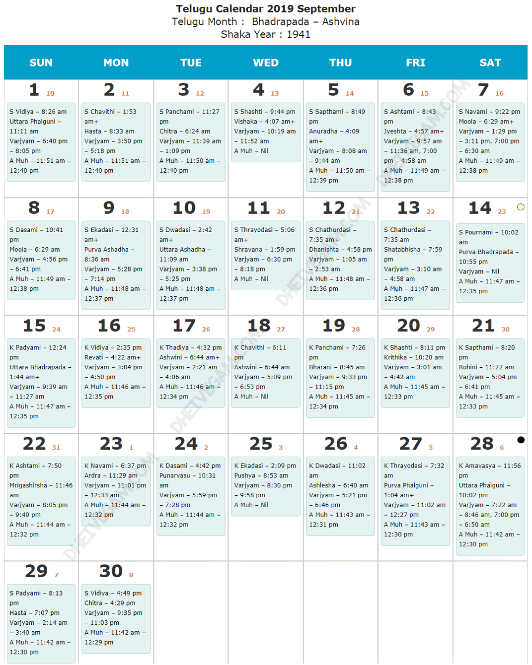 September 2019 Telugu calendar